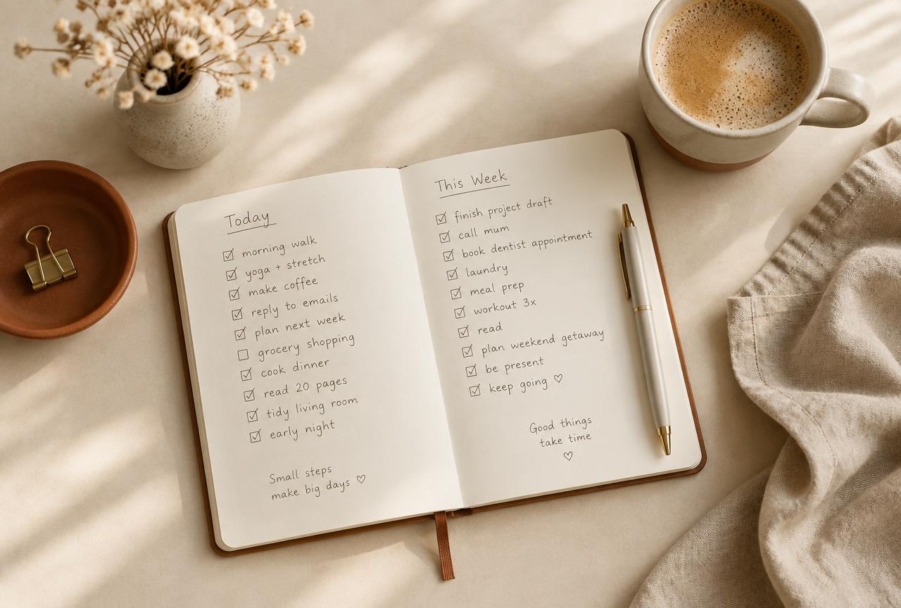 Caderno de checklist aberto com caneta e café sobre mesa clara